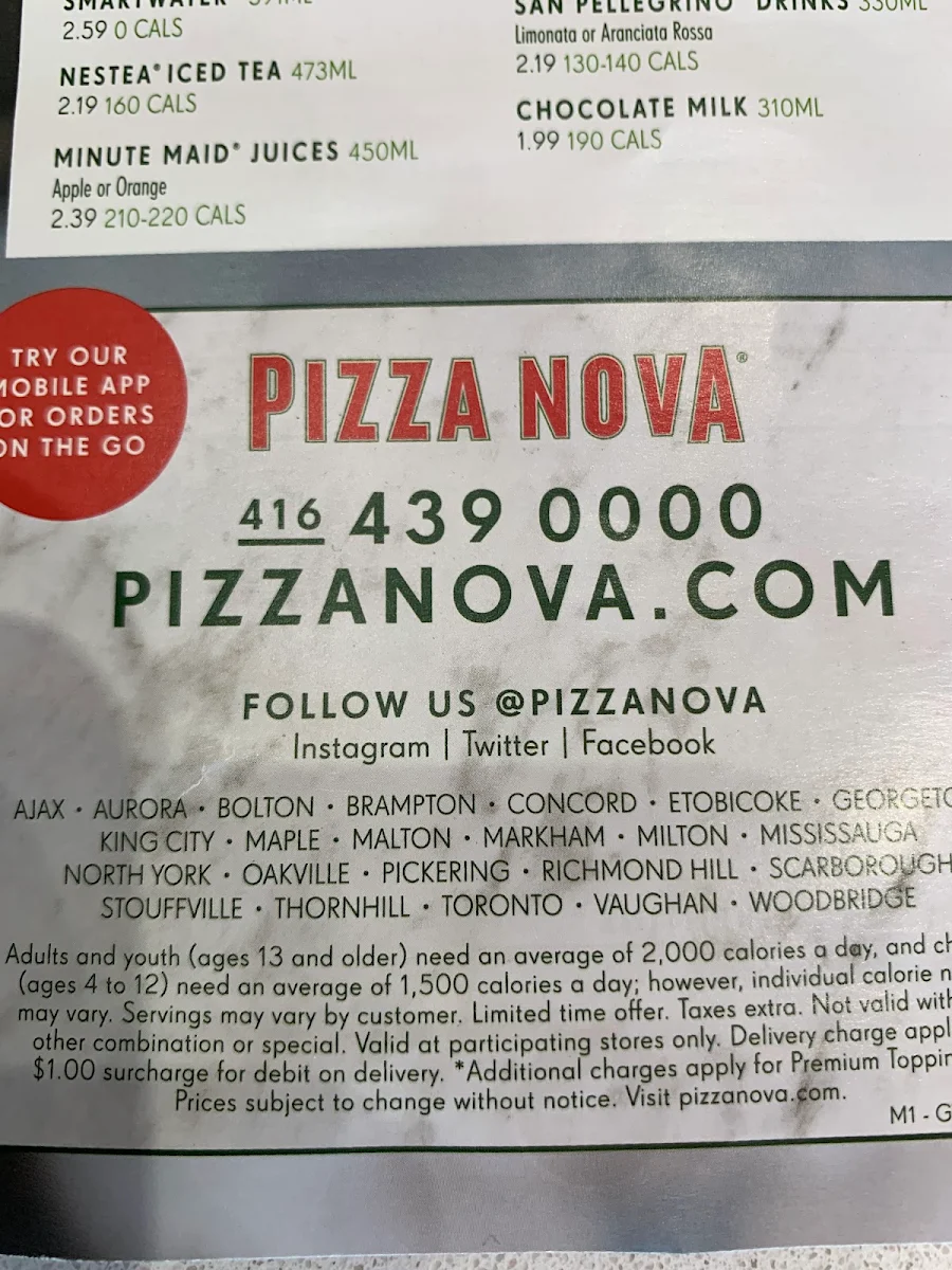 Menu, Pizza Nova