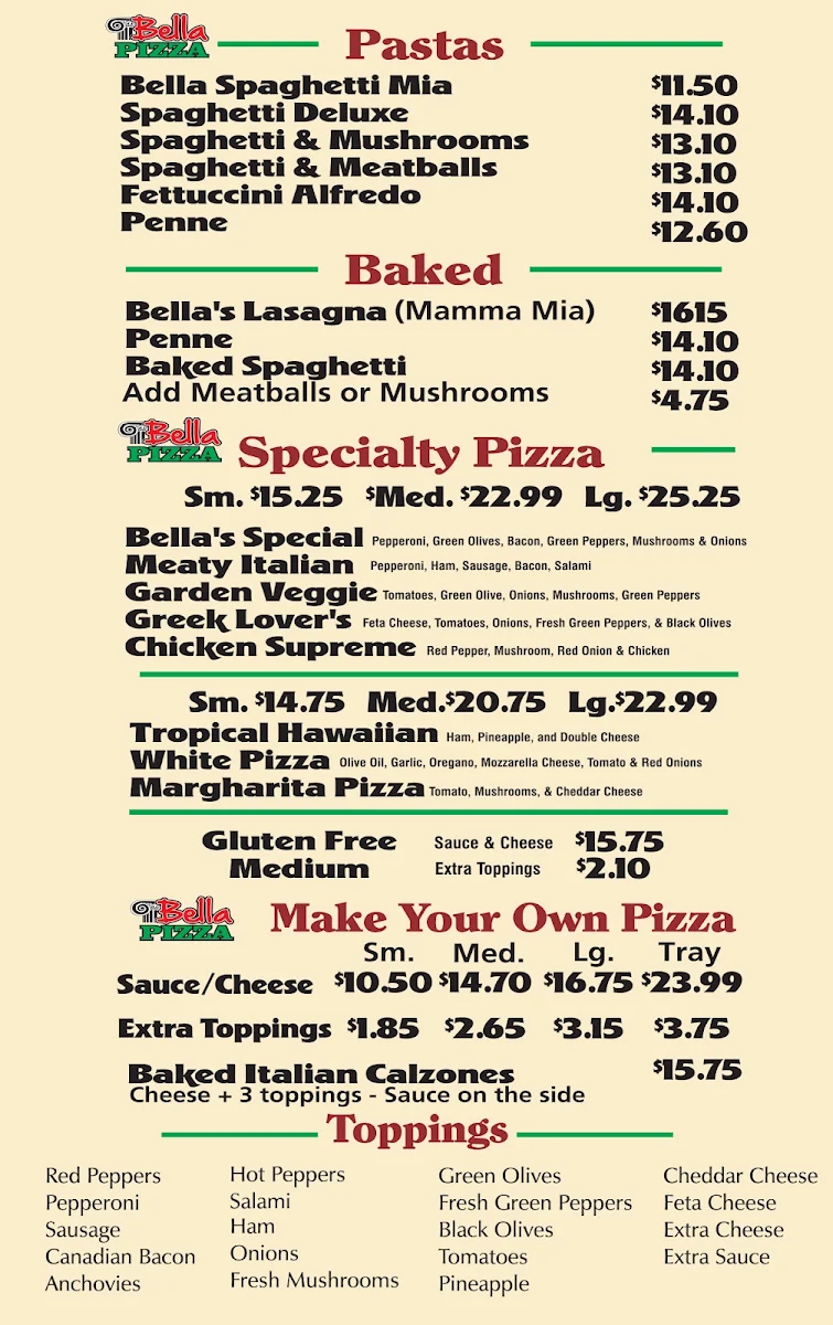 Menu, Bella Pizza