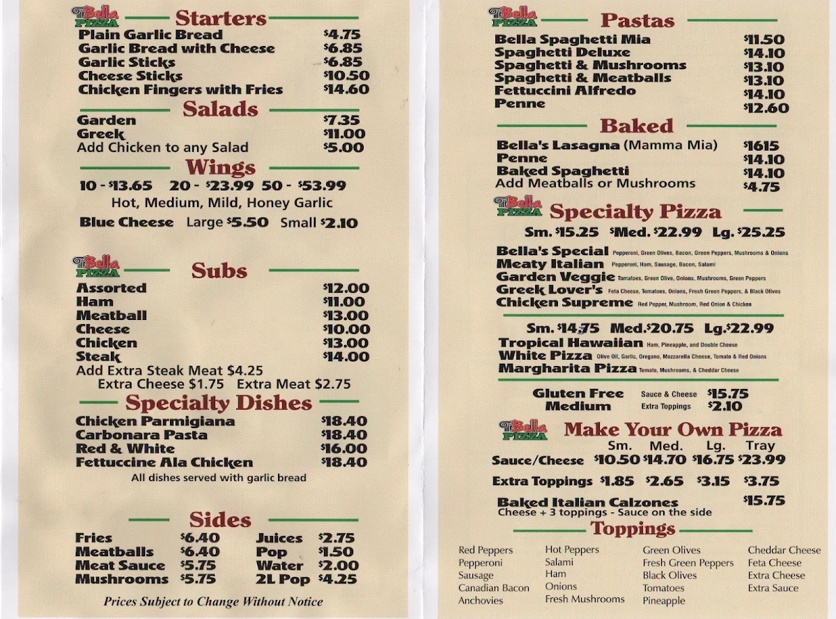 Menu, Bella Pizza