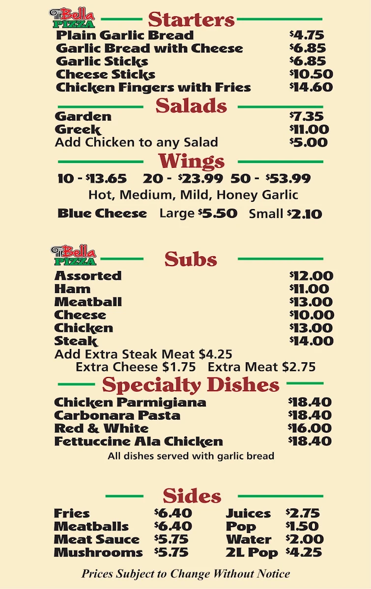 Menu, Bella Pizza