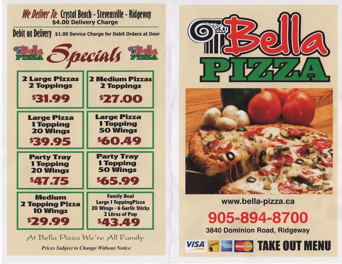 Menu, Bella Pizza