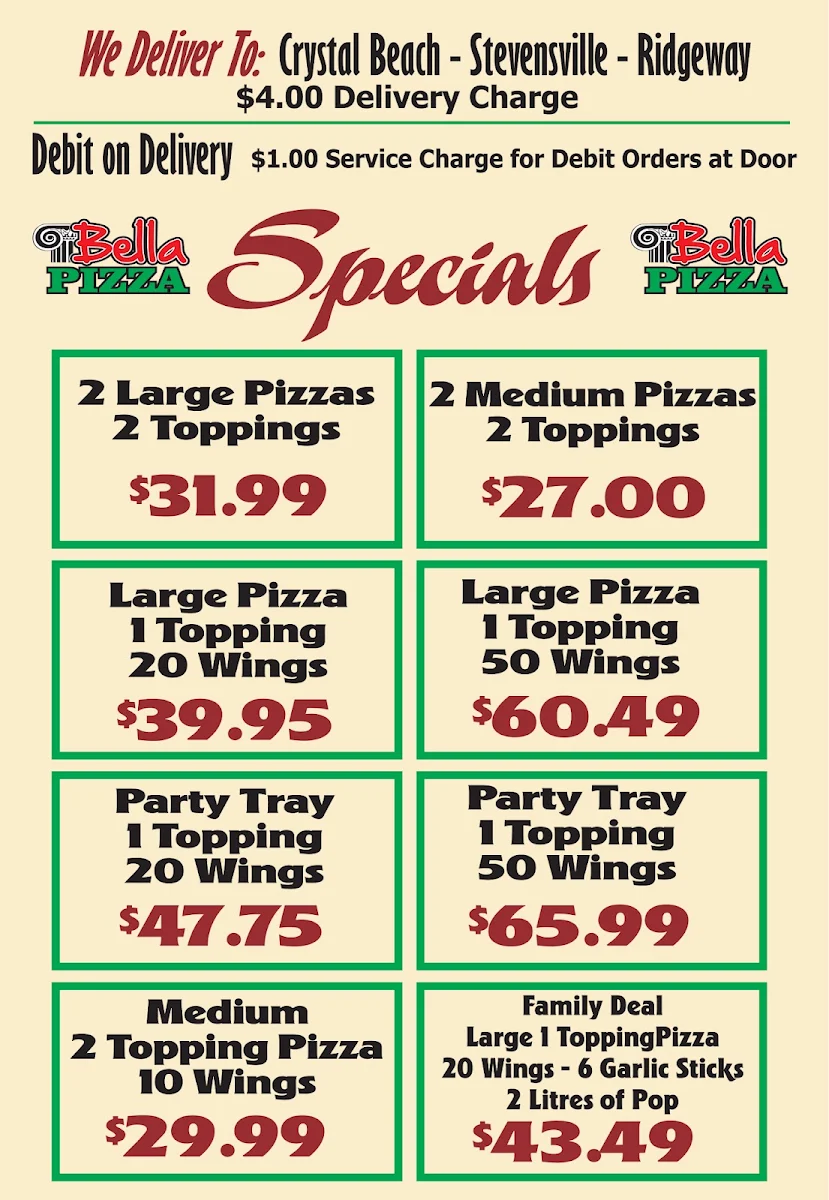 Menu, Bella Pizza