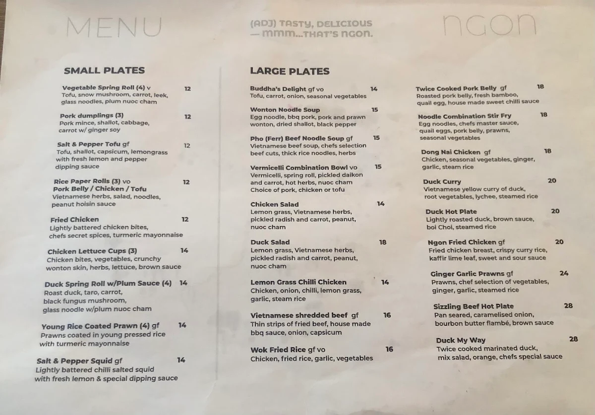 Menu, Ngon Brisbane