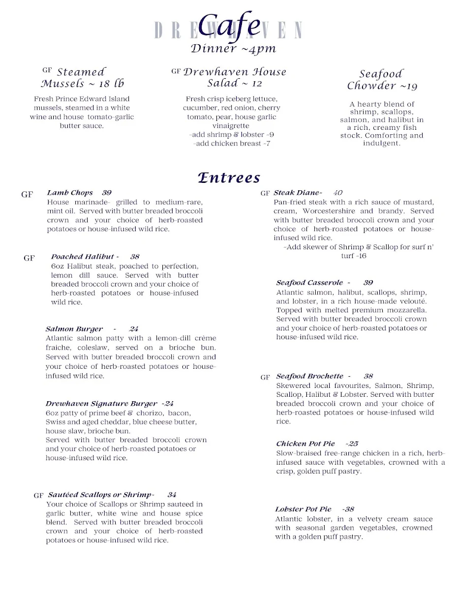 Menu, Drewhaven Cafe & Restaurant
