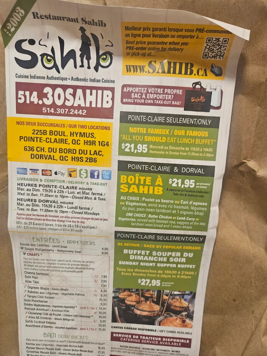 Menu, Sahib Indian Bistro - DORVAL: Dine-In & Take-Out