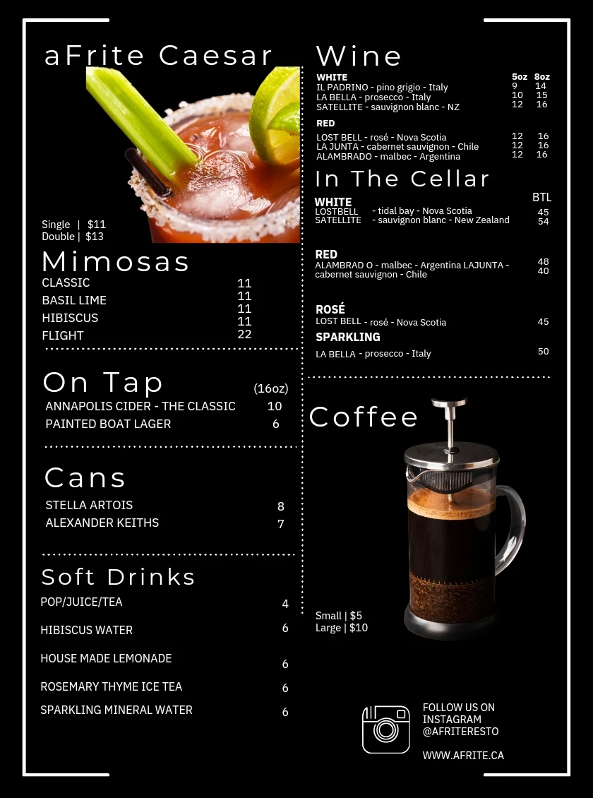 Menu, aFrite Restaurant