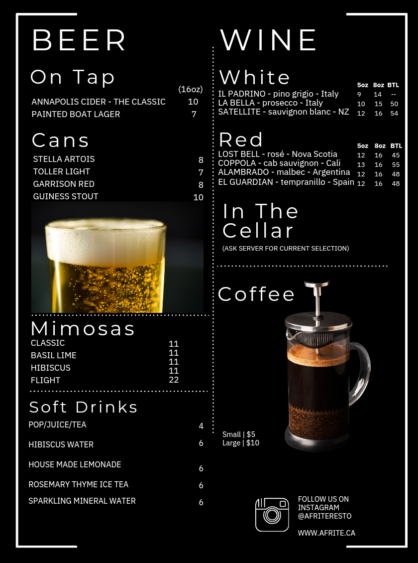 Menu, aFrite Restaurant