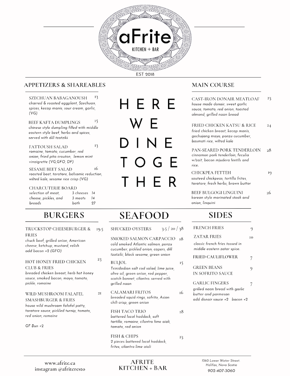 Menu, aFrite Restaurant