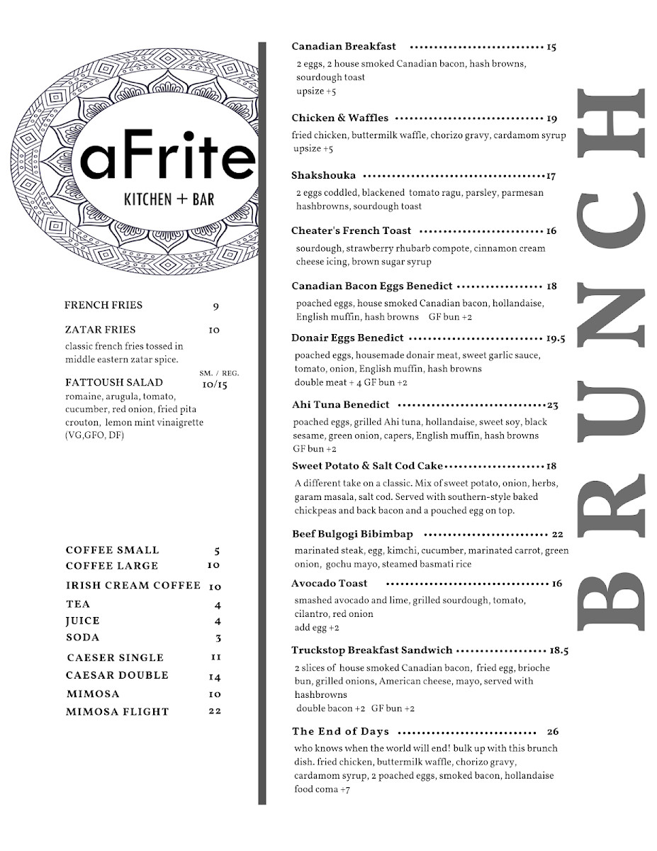 Menu, aFrite Restaurant
