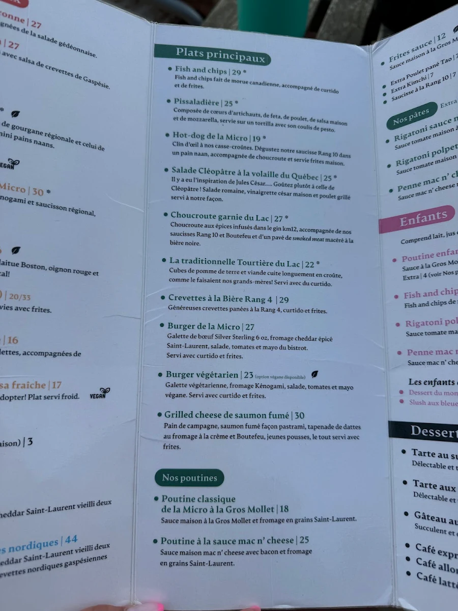 Menu, Microbrasserie du Lac Saint-Jean / Boutique & Bistrot