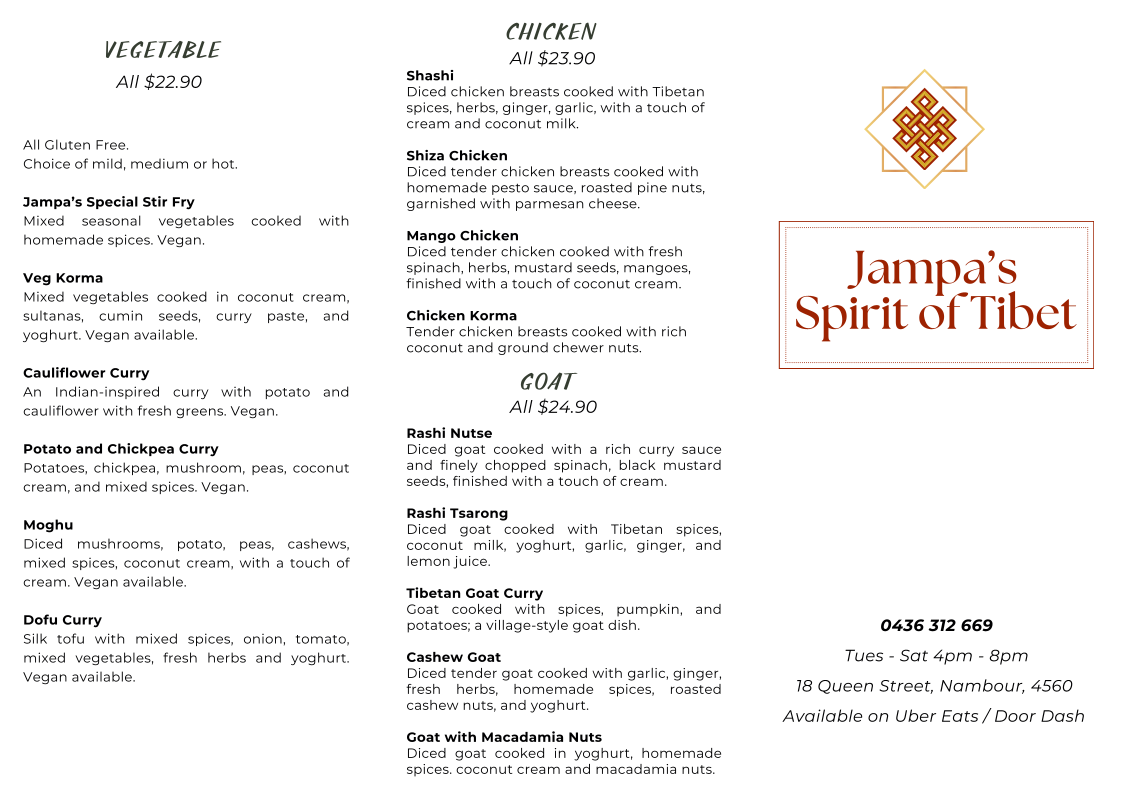 Menu, Jampa's Spirit of Tibet