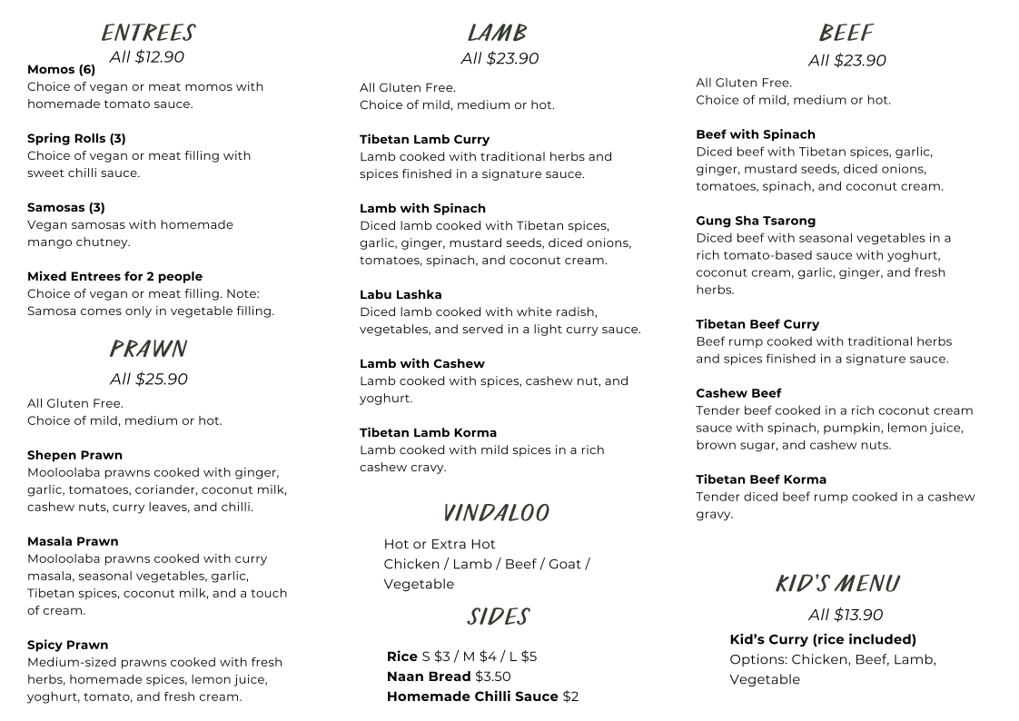 Menu, Jampa's Spirit of Tibet