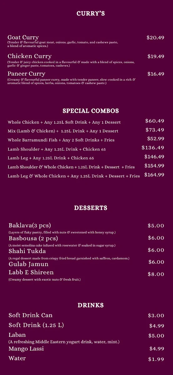Menu, Mandi Corner Gold Coast (Halal Restaurant)