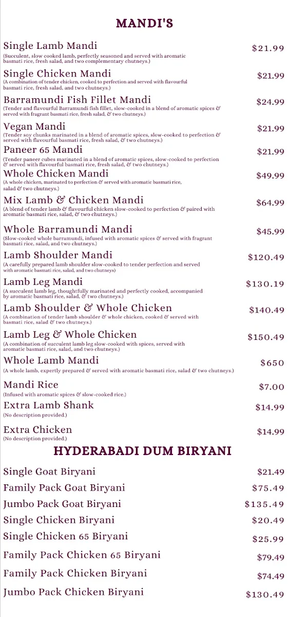 Menu, Mandi Corner Gold Coast (Halal Restaurant)