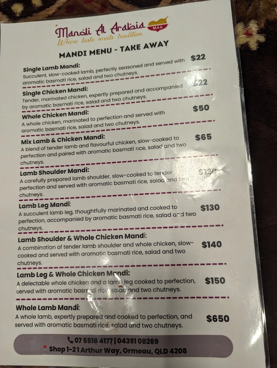 Menu, Mandi Corner Gold Coast (Halal Restaurant)