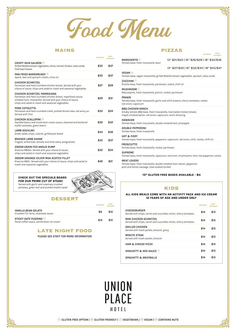 Menu, Union Place Hotel