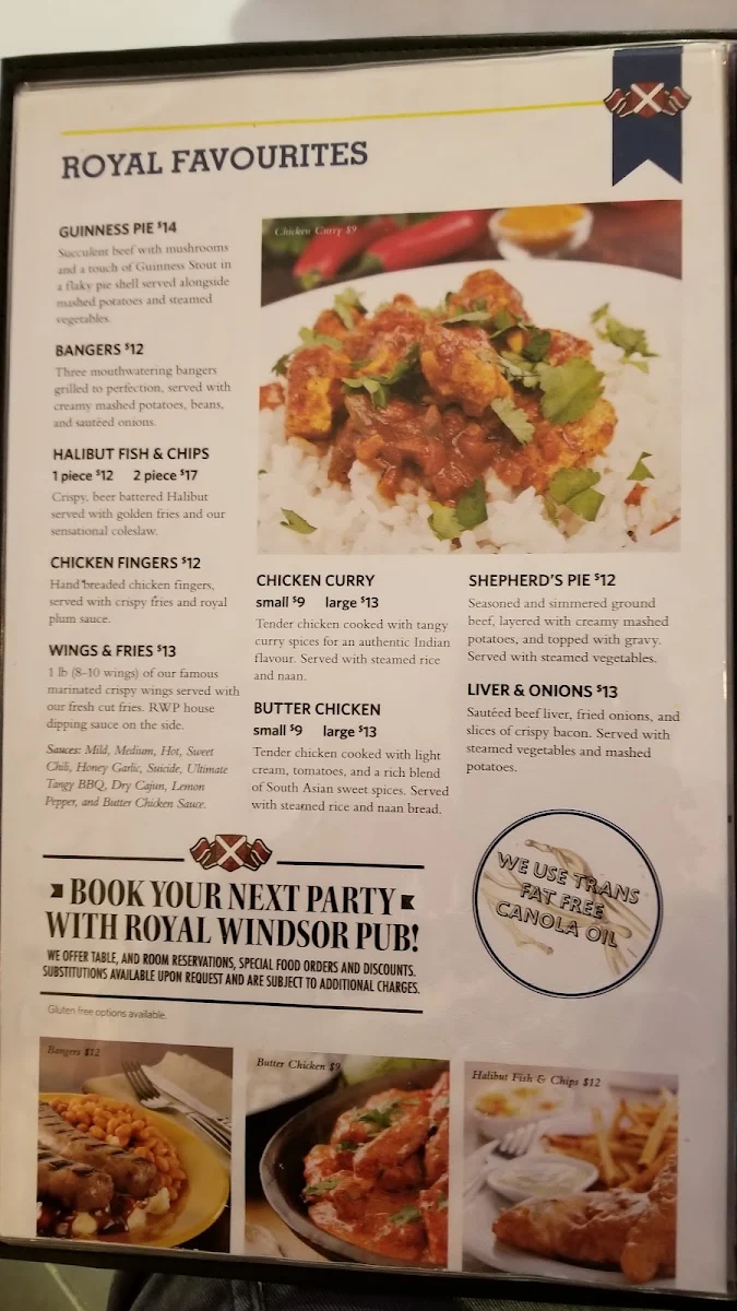 Menu, The Royal Windsor Pub & Eatery