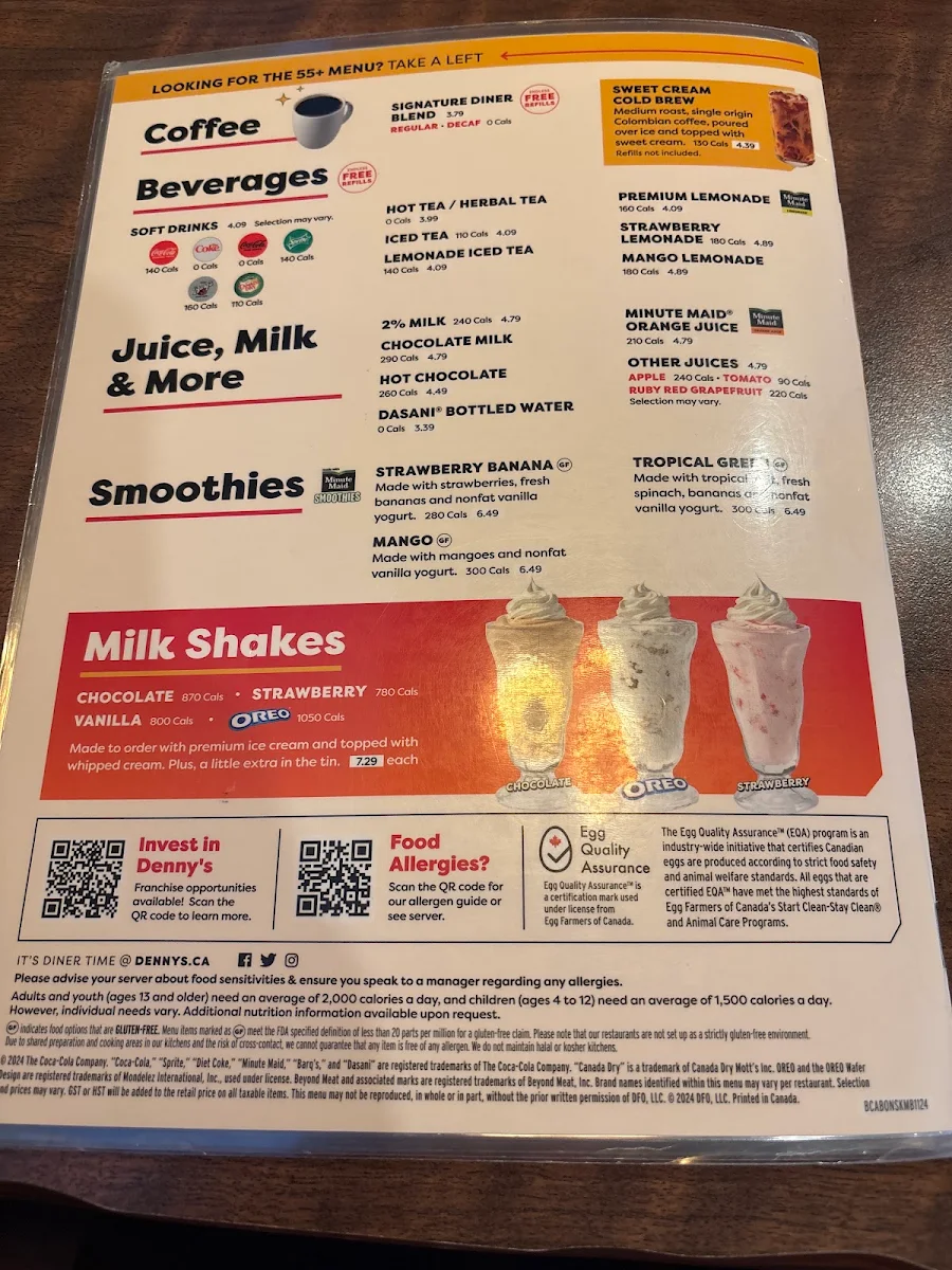 Menu, Denny's Restaurant Okotoks