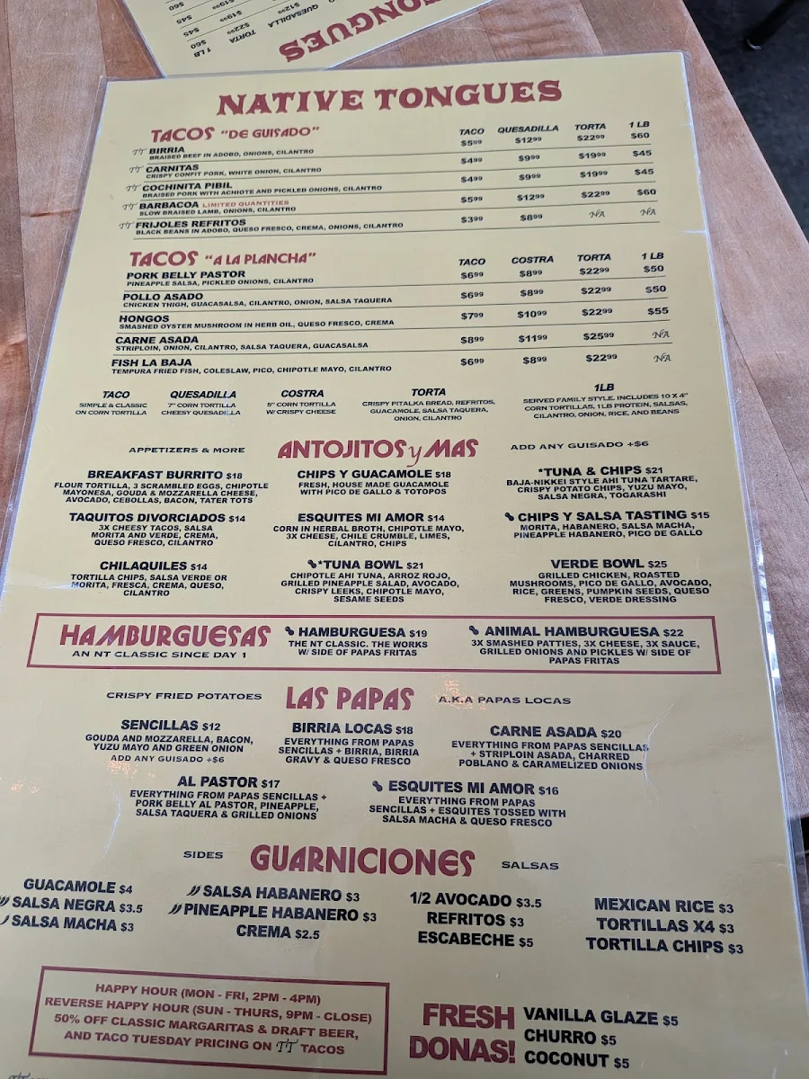 Menu, Native Tongues Taqueria - Victoria Park