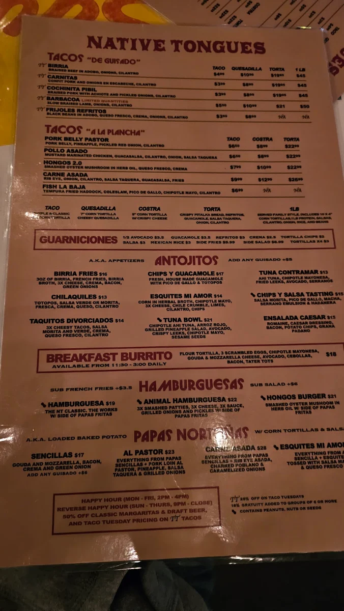 Menu, Native Tongues Taqueria - Victoria Park