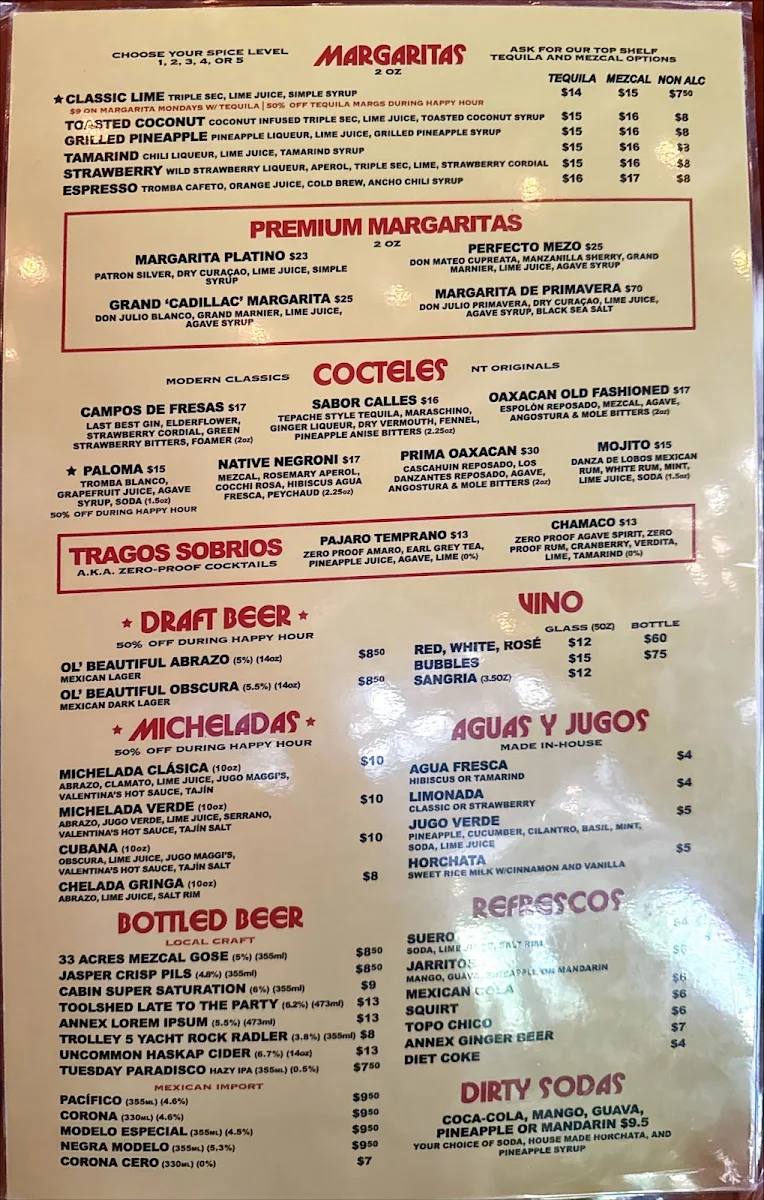 Menu, Native Tongues Taqueria - Victoria Park