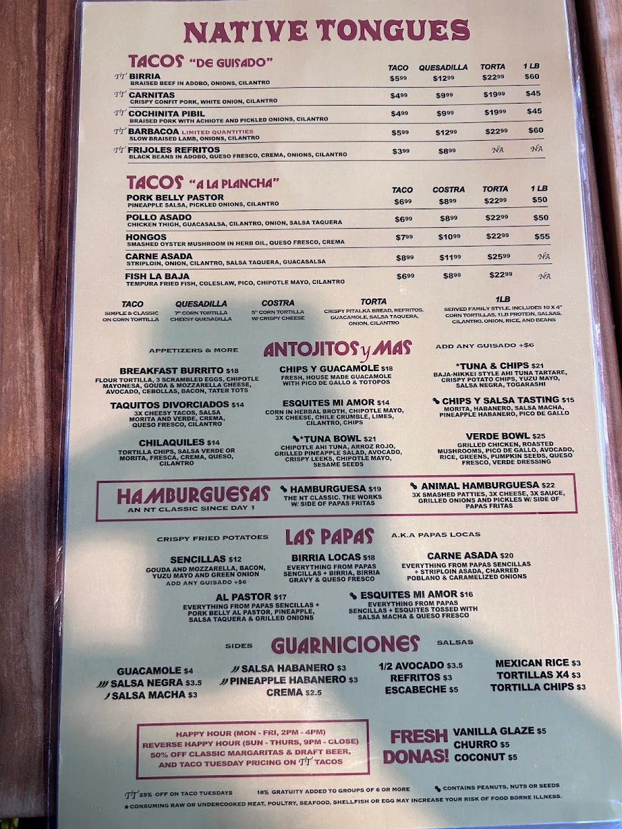 Menu, Native Tongues Taqueria - Victoria Park