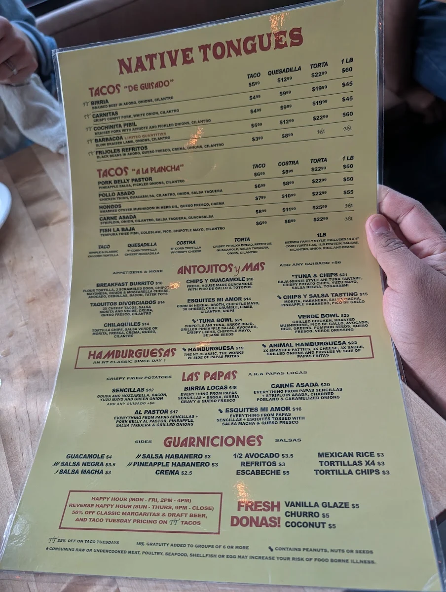 Menu, Native Tongues Taqueria - Victoria Park
