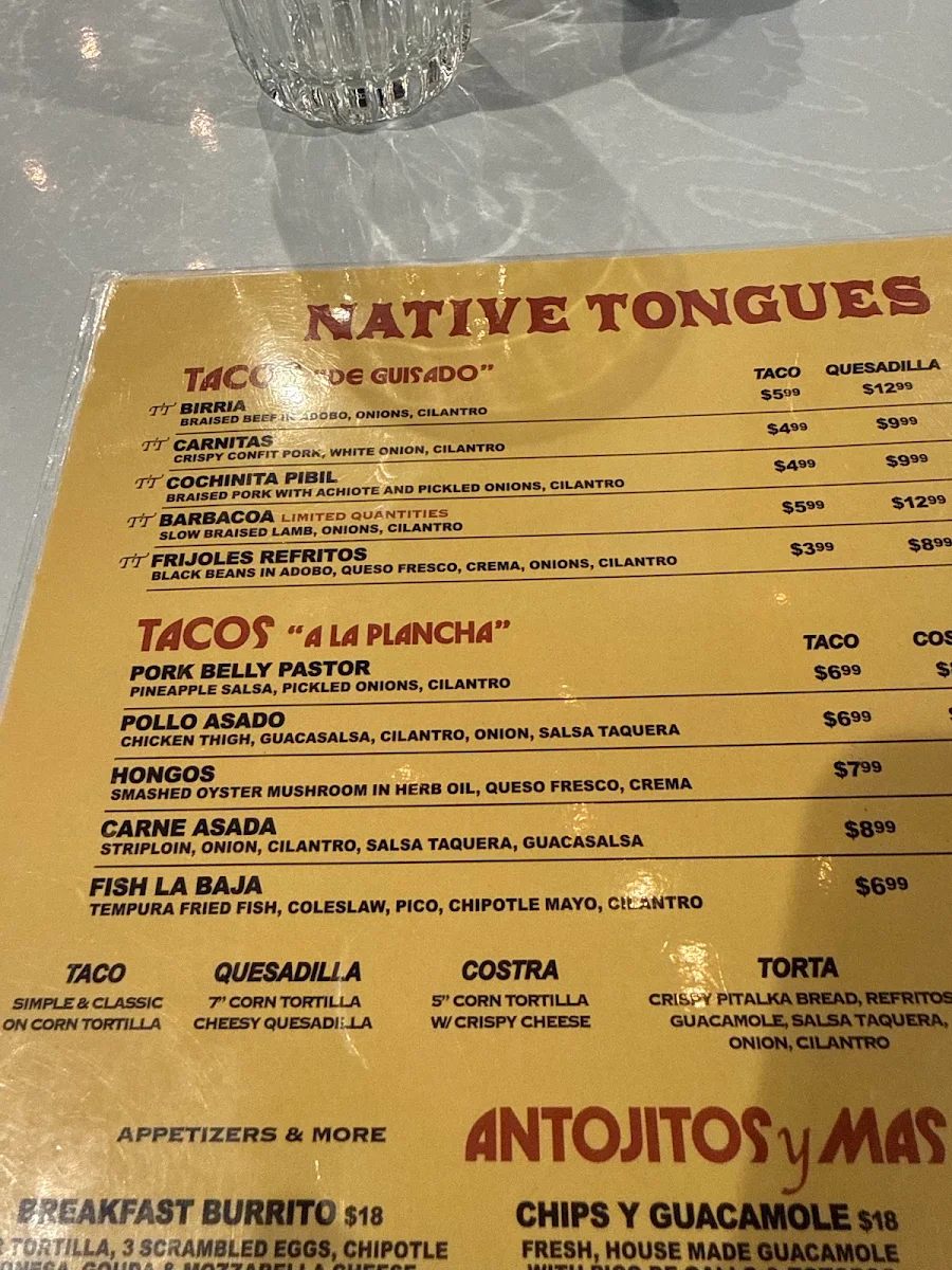 Menu, Native Tongues Taqueria - Victoria Park