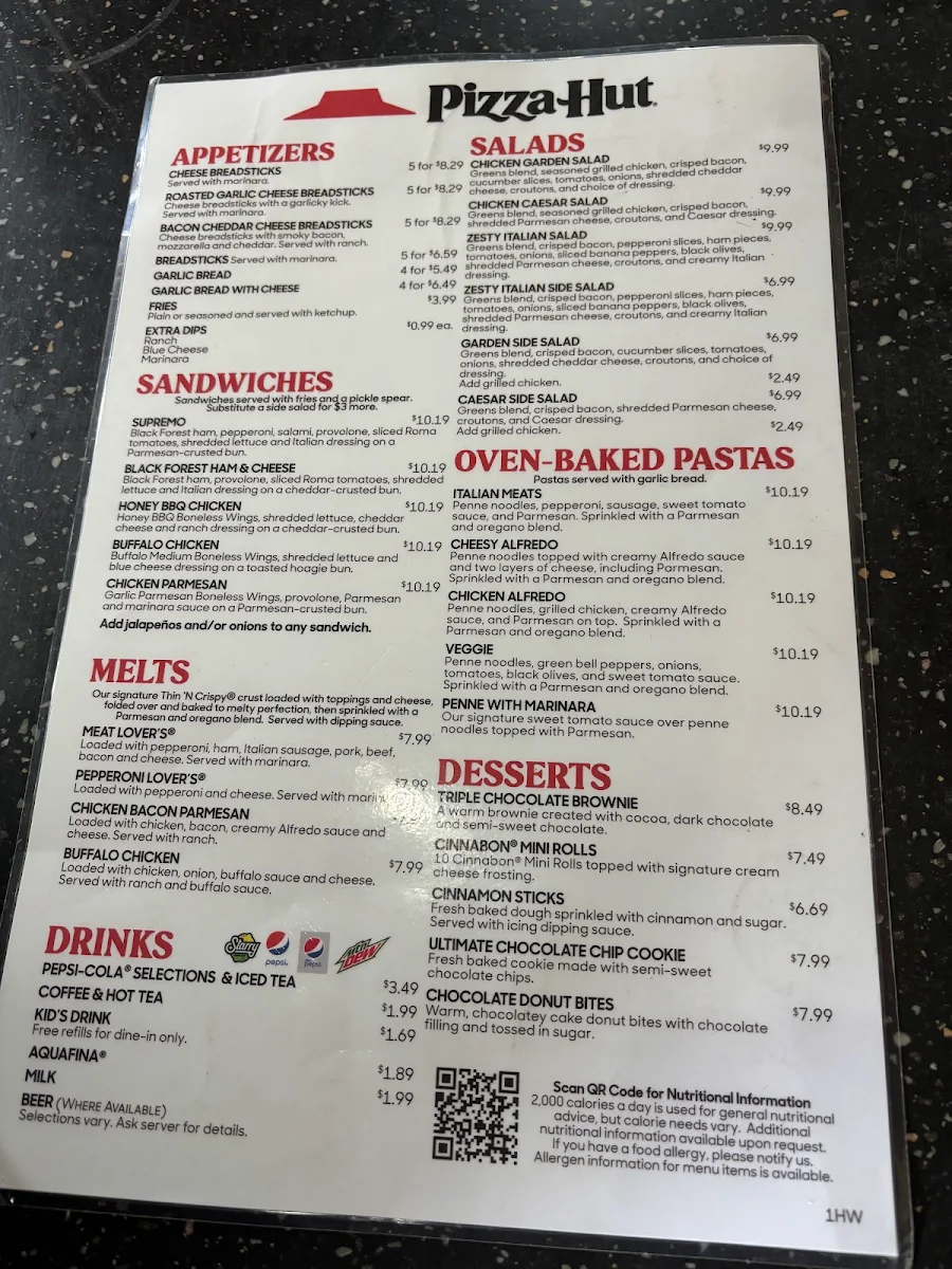 Menu, Pizza Hut