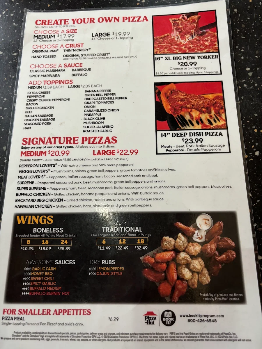 Menu, Pizza Hut