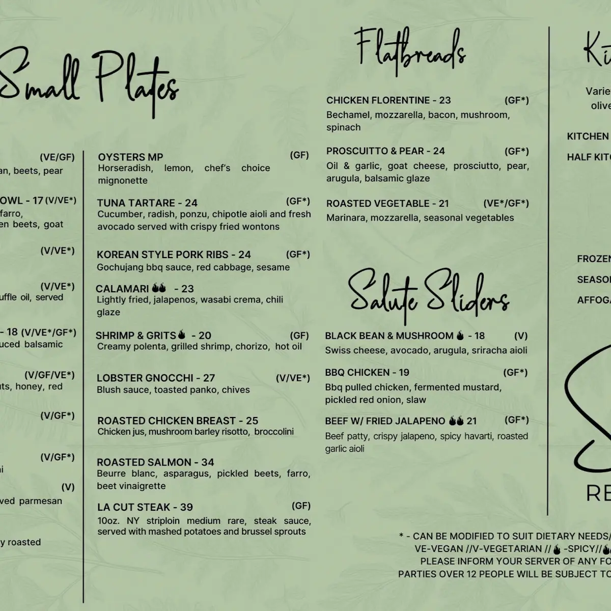 Menu, Salute Resto + Bar