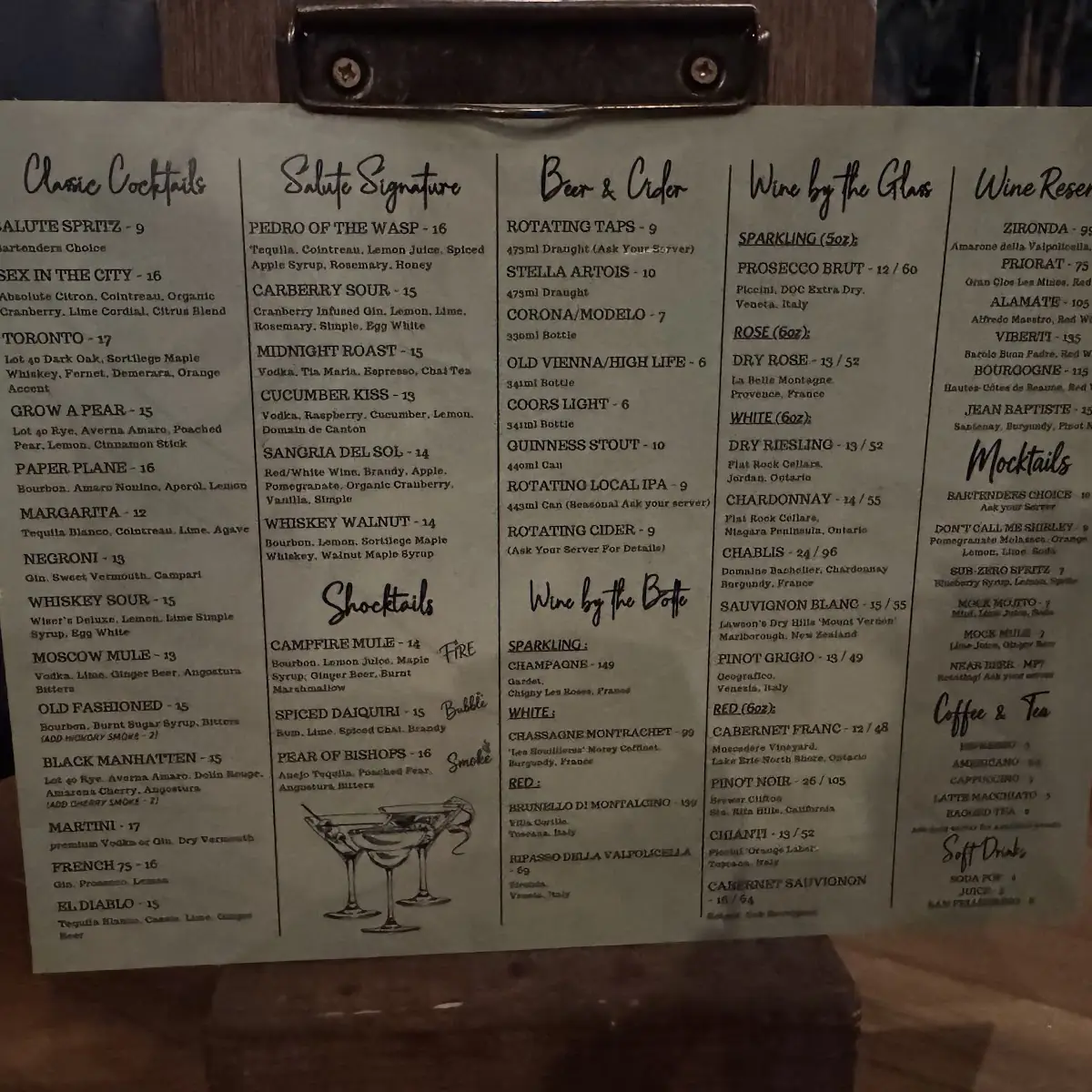 Menu, Salute Resto + Bar