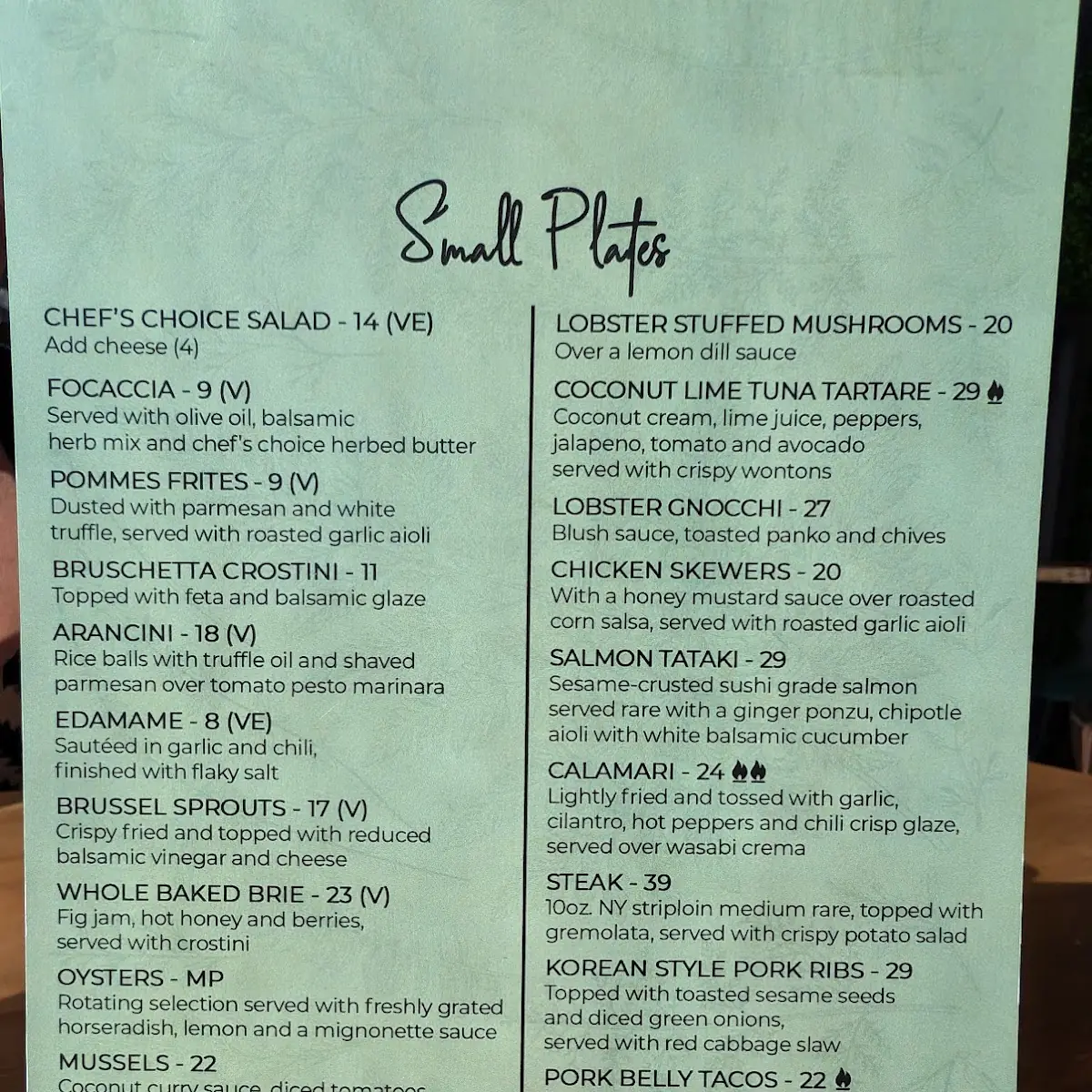 Menu, Salute Resto + Bar