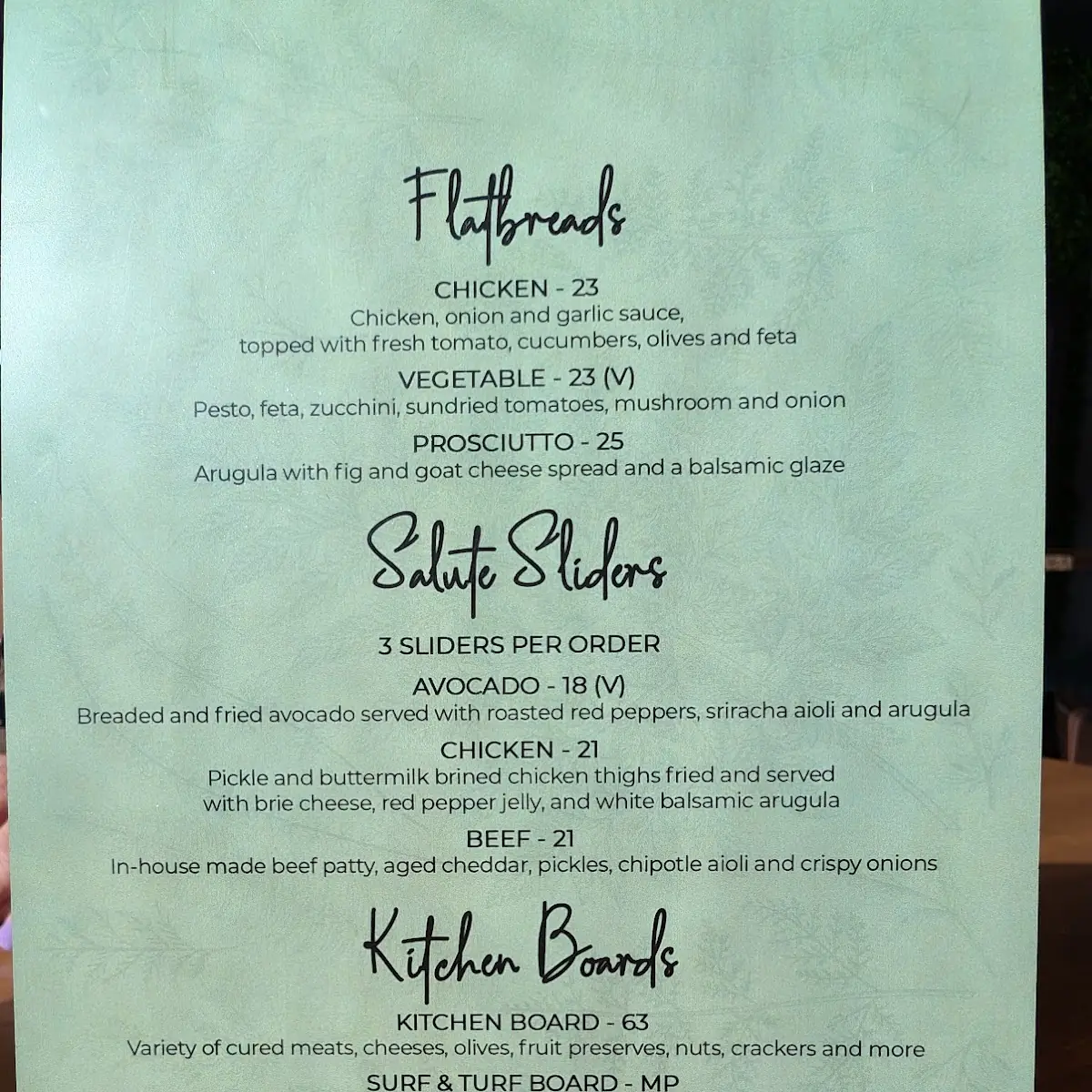 Menu, Salute Resto + Bar