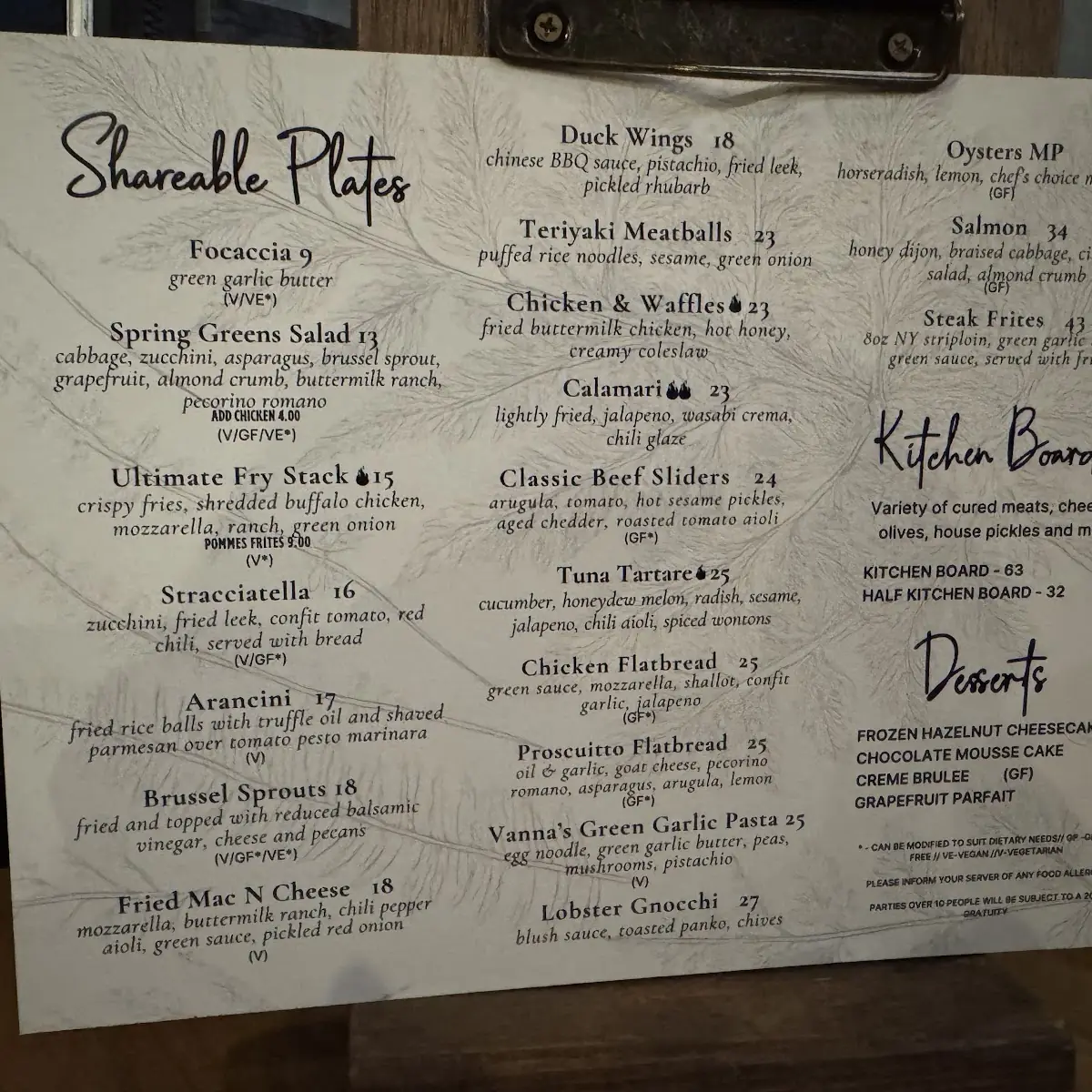 Menu, Salute Resto + Bar