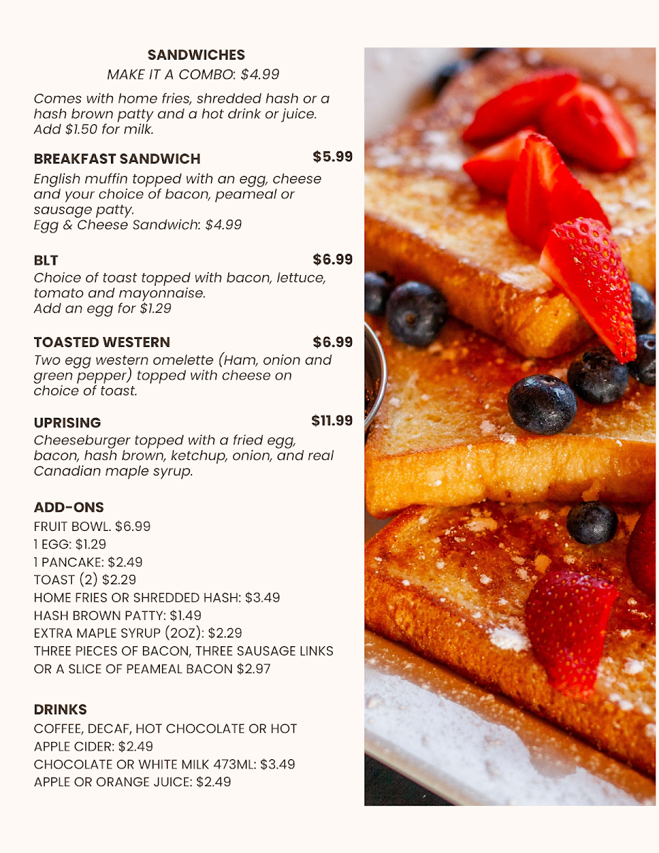 Menu, Corunna Breakfast Co