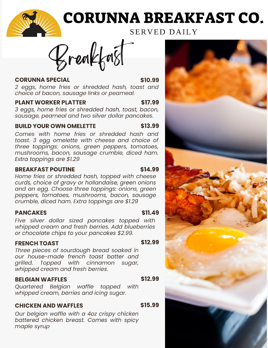 Menu, Corunna Breakfast Co