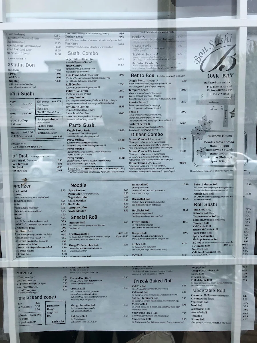 Menu, Oak Bay Bon Sushi