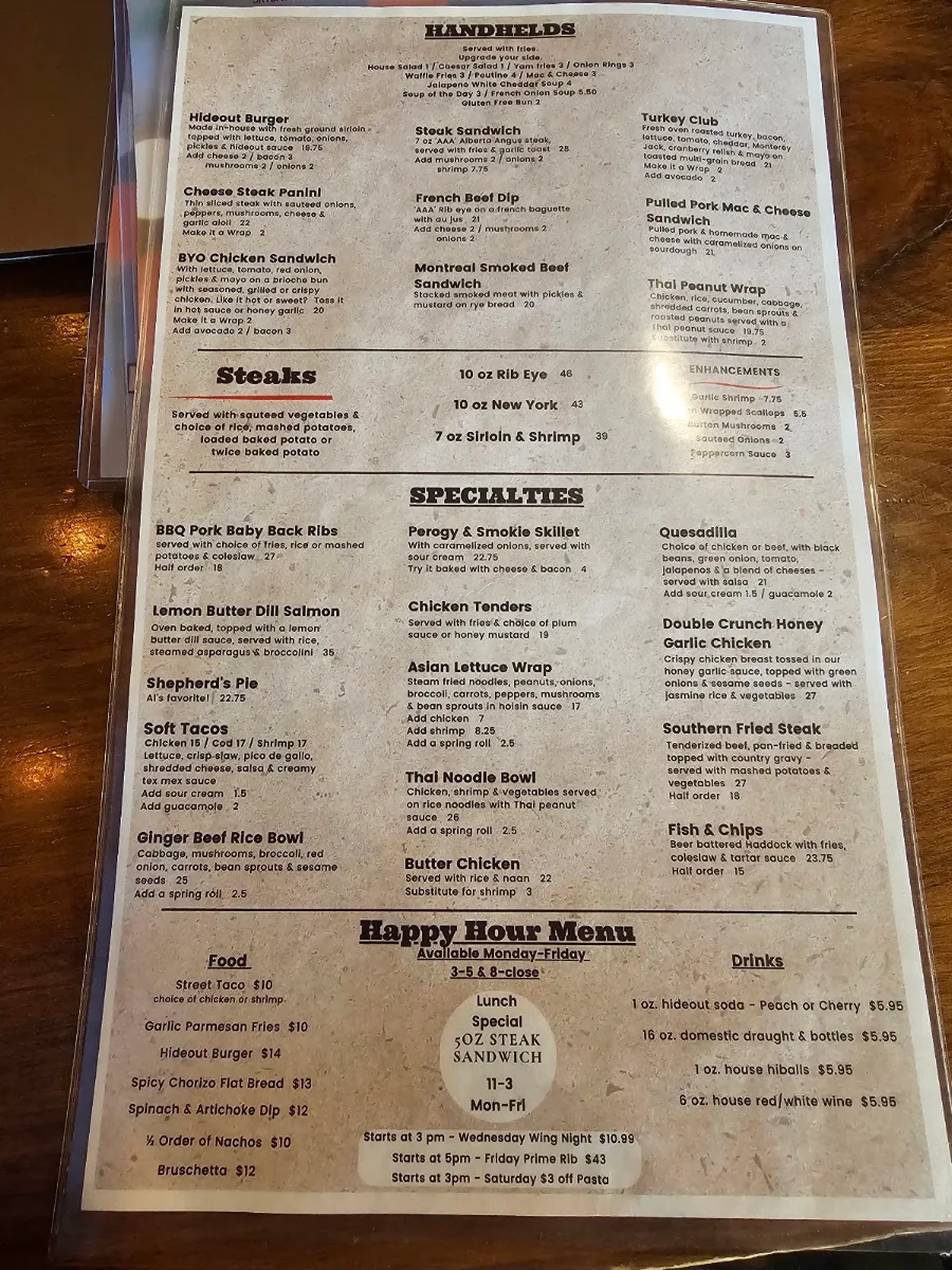 Menu, The Hideout