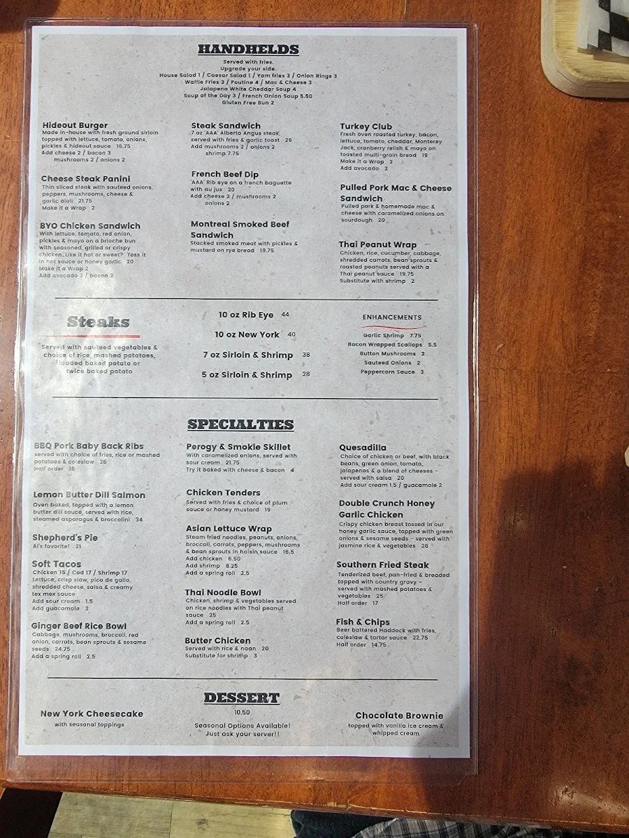 Menu, The Hideout