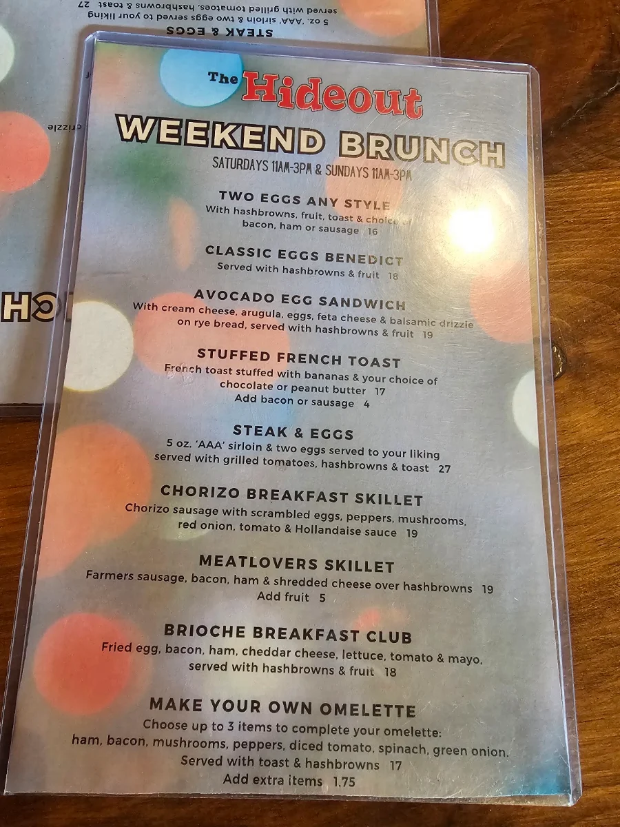 Menu, The Hideout