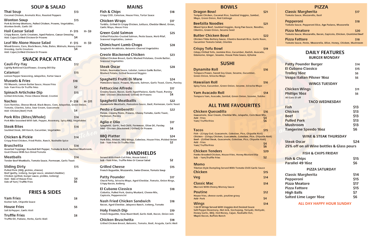 Menu, BEERTALES KITCHEN AND BAR