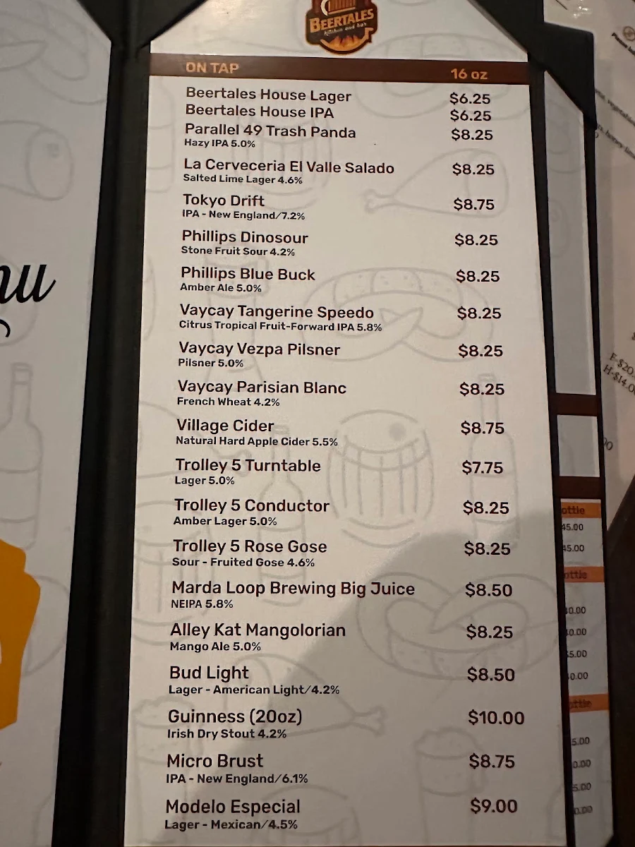 Menu, BEERTALES KITCHEN AND BAR