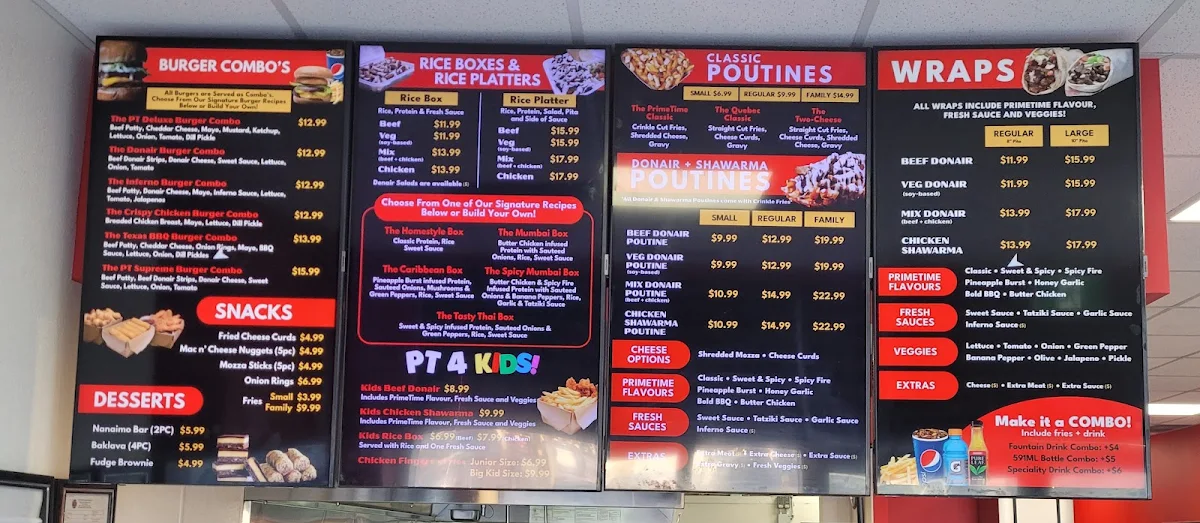 Menu, PrimeTime Donair & Poutine