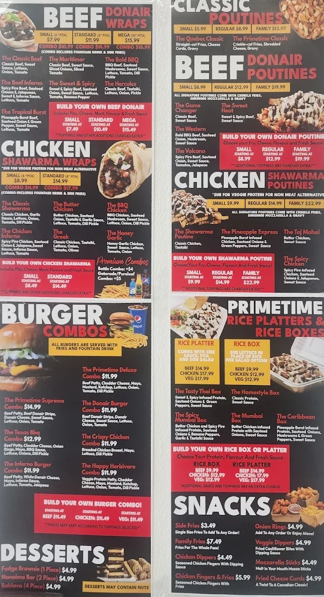 Menu, PrimeTime Donair & Poutine