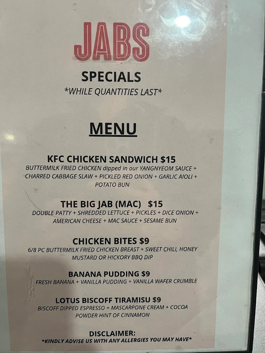 Menu, JABS - St Clair West