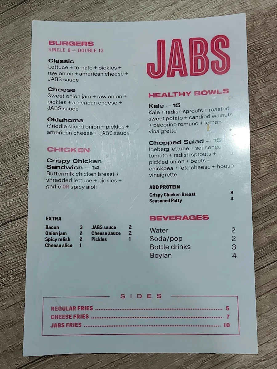 Menu, JABS - St Clair West