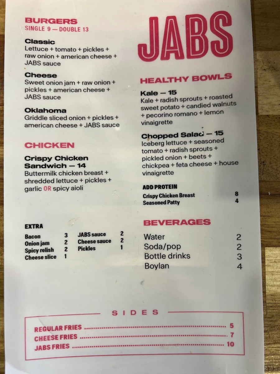 Menu, JABS - St Clair West