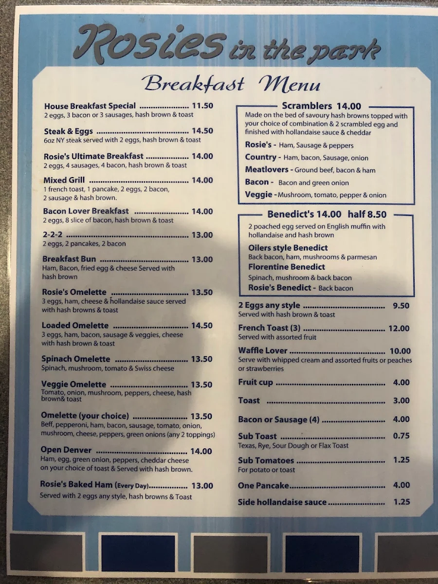 Menu, Rosies In The Park