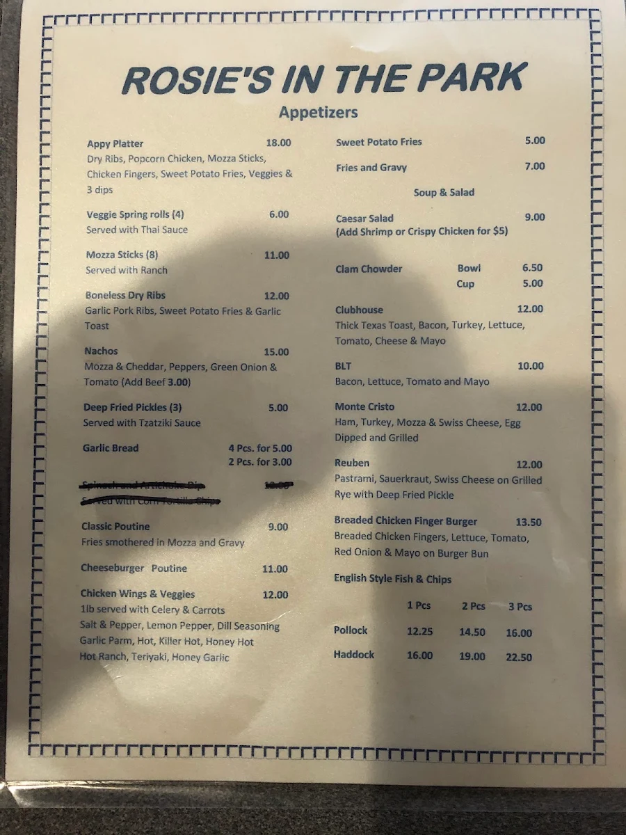 Menu, Rosies In The Park